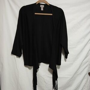 Chico's Black Open Front Cardigan Draped Fringed Hem Lightweight Size 2‎